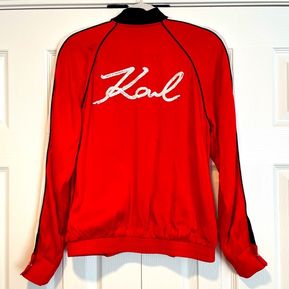 Karl Lagerfeld Red Track Jacket Sequin Script Logo Bomber Womens IT‎ 44 EU 38